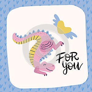 Love dinosaur. Pink dino. Cute Tyrannosaurus with winged heart. Prehistoric predator and amour. valentine`s greeting