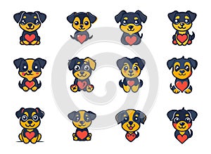 Love dog logo flat vector set. Colored puppies heart symbol different breed avatars simple design icons isolated on