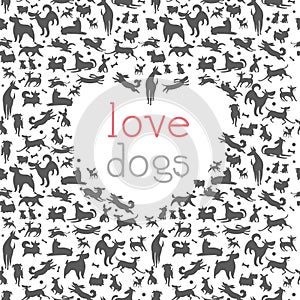 Love for dogs vector background, different dog breeds