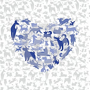 Love for dogs vector background, different dog breeds