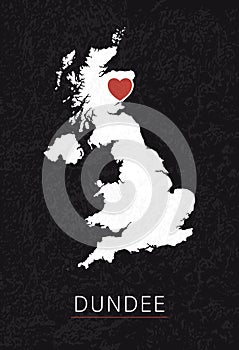 Love Dundee Picture. Map of United Kingdom with Heart as City Point. Vector Stock Illustration