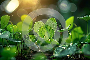 Love Earth concept water drops on fresh green leaves, sunlight