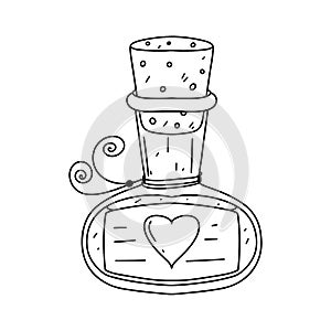 Love elixir in cute bottle in hand drawn doodle style. Happy Valentines Day. Vector illustration of love potion.