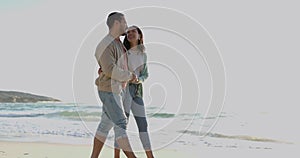 Love, embrace and happy couple walking on beach, relax or bonding on summer island holiday together. Mockup space, man