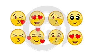 Love emoji icon set. Emoji with red hearts on isolated white background. EPS 10 vector
