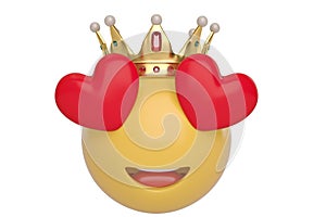 In love emoticon with golden crown on white background.3D illustration.