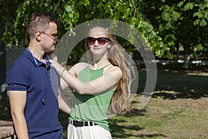 Love emotion. Couple at nature. Spring season