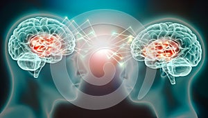 Love emotion or empathy cerebral activity in caudate nucleus. Human brains connected with plexus lines. Conceptual illustration of