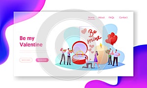 Love, Engagement and Marriage Landing Page Template. Man Stand on Knee Holding Ring Making Romantic Proposal to Woman