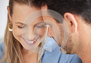 Love, family and couple in their home together, married and sharing intimate moment. Portrait of romantic, smiling and