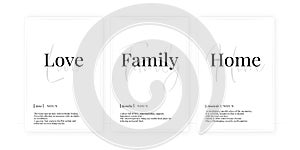 Love family home definition, vector. Minimalist poster design. Wall decals, noun description. Wording Design isolated