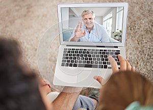 Love, family and laptop video call with senior man waving hello on digital internet screen. Online app webcam