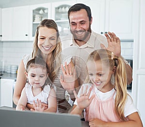 Love, family and video call on laptop with contact for online communication with wave. Woman, man and girl kids on
