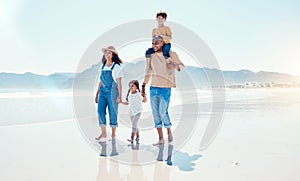 Love, family and walking on beach, summer vacation and quality time on break, relax and happiness. Mother, father and