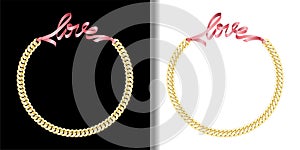 Love fashion prints with gold chain and pink ribbon set
