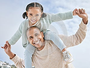 Love, father and girl on back, happy and bonding with smile, relax and playing together outdoor for travel. Portrait