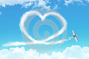 Love figurative heart from a white smoke trail light-engine airplane among the clouds.