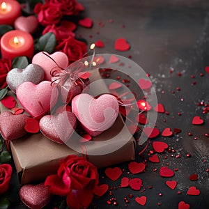 Love filled background Valentines Day with gifts, hearts, and roses