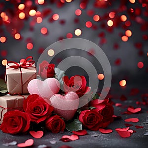 Love filled background Valentines Day with gifts, hearts, and roses