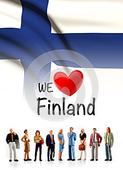 We love Finland , A group of people pose next to the Finnish flag