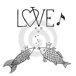 Love fish with with calligraphic inscription, singing fish, kiss fish, love hand drawing