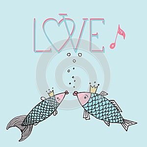Love fish with with calligraphic inscription, singing fish, kiss fish, love hand drawing
