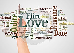 Love Flirt Online word cloud and hand with marker concept