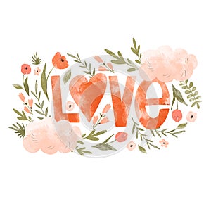 Love floral greeting card. Spring flowers illustration