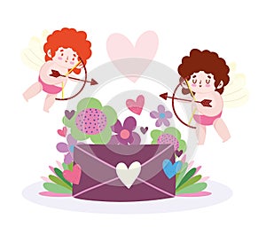 Love flying cupids with arros and bow flowers envelope romantic cartoon