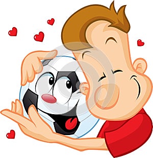 Love football - sportsman hugging beloved ball