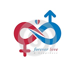 Love Forever conceptual logo, vector symbol created with infinity loop and male Mars an female Venus signs. Relationship creative