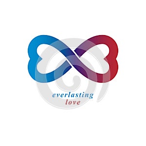 Love Forever conceptual logo, vector symbol created with infinity loop and male Mars an female Venus signs. Relationship creative
