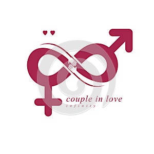 Love Forever conceptual logo, vector symbol created with infinity loop and male Mars an female Venus signs. Relationship creative
