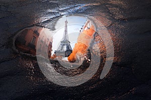 Love France Concept. Reflection of Eiffel Tower Through Puddle in Shape of Heart. 3d Rendering