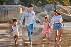 Love, freedom and family at the beach, walking and holding hands, relax in water and nature. Freedom, wellness and