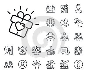 Love gift line icon. Heart present box sign. Dating profile. Specialist, doctor and job competition. Vector