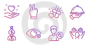 Love gift, Victory hand and Restaurant food icons set. Farsightedness, Manager and Search people signs. Vector photo