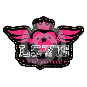 Love - Girlish fashion design element. Fashion patch for clothing. Romantic slogan