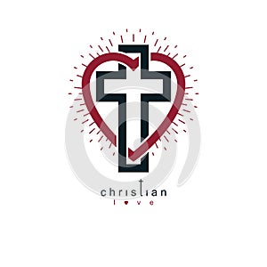 Love of God vector creative symbol design combined with Christian Cross and heart.