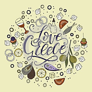 Love Greece. Lettering handdrawn quote.n