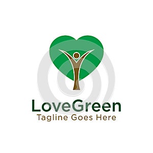 Love green vector design. human tree icon with love icon as green leaves concept. go green logo. nature conservation logo