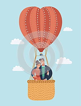 Love greeting card with flying couple in hot air balloon. Valentine`s greeting card.