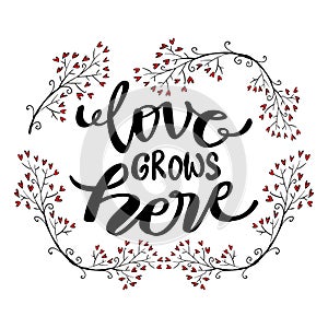 Love grows here, hand lettering. Quote typography.