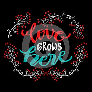 Love grows here, hand lettering. Quote typography.