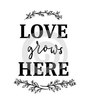 Love grows here inspirational poster with lettering, floral elements isolated on white background