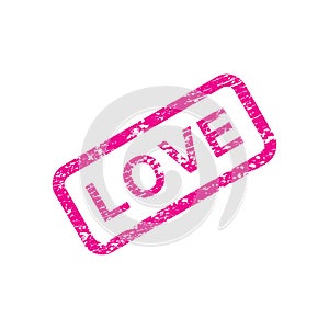 Love grunge rubber square stamp, pink isolated on white background, vector illustration.