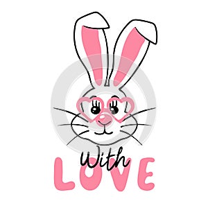 With love. Hand drawn cute rabbit with heart shaped glasses