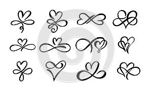 Love hand drawn hearts sign of infinity with cute sketch line. Set of divider doodle element love shape for valentines day,