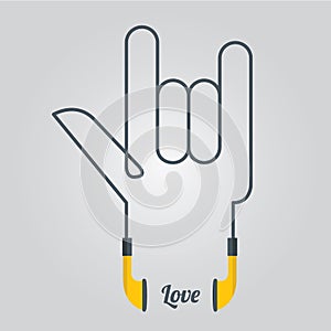 Love Hand and Music with Earphones in Flat Design, Vector,