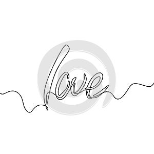 Love handwritten by one line. Calligraphy style single line lettering. Love hand drawn letters design word black simple outline.